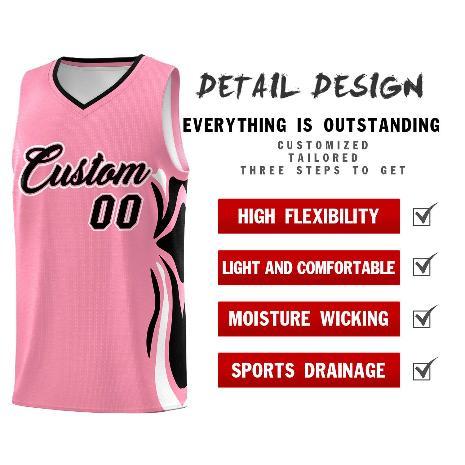 Custom Light Pink Black-White Graffiti Pattern Side Curve Pattern Sports Uniform Basketball Jersey Sets