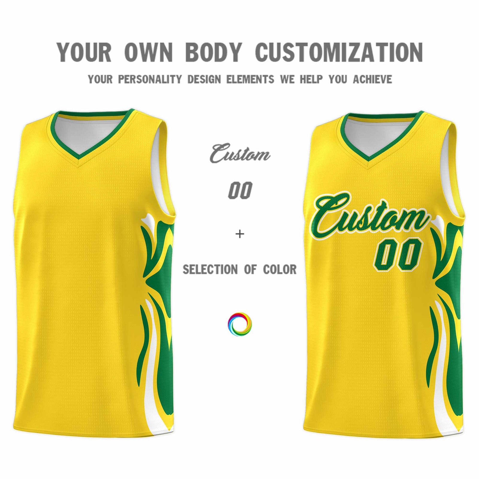 Custom Gold Kelly Green-White Graffiti Pattern Side Curve Pattern Sports Uniform Basketball Jersey Sets
