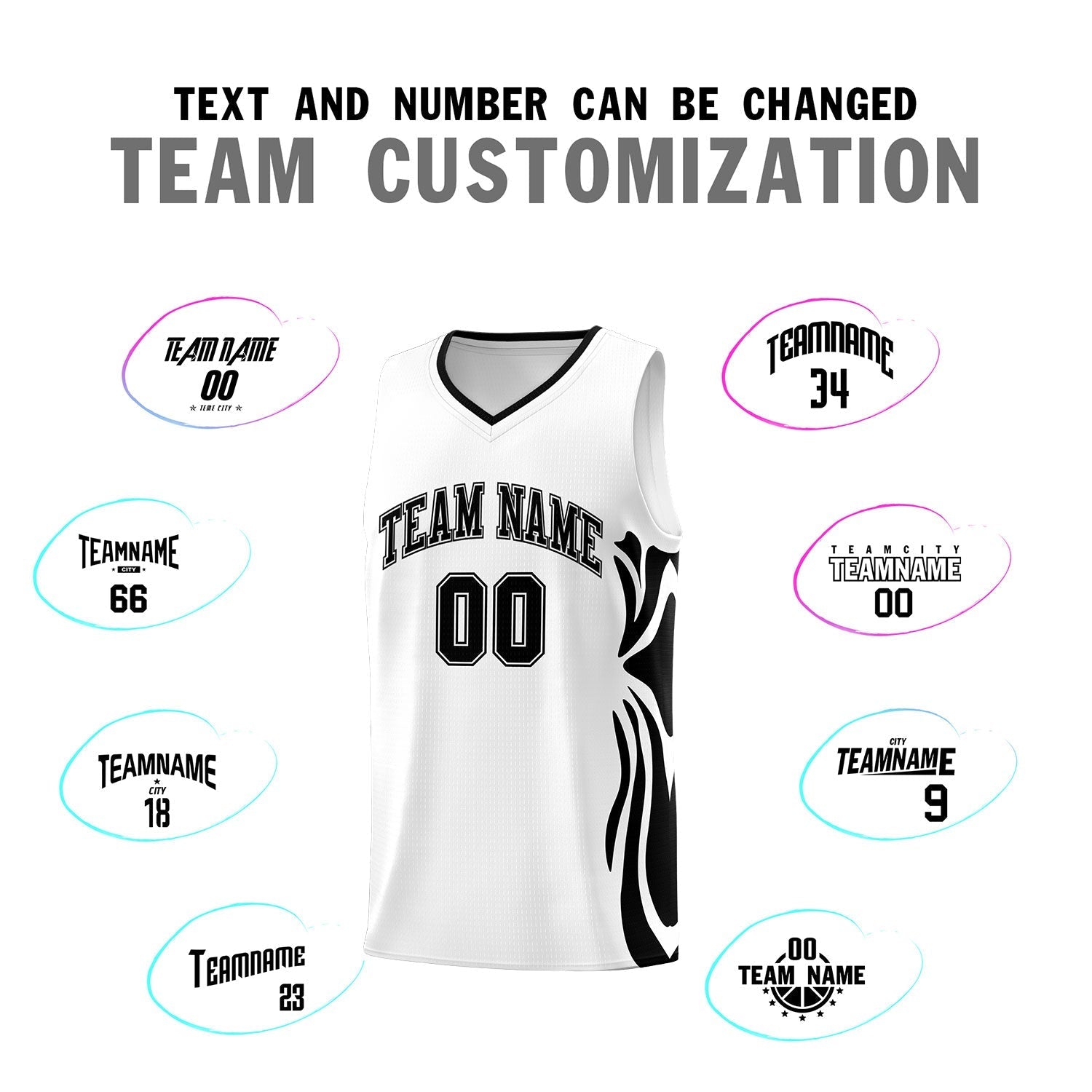 Custom White Black-Black Graffiti Pattern Side Curve Pattern Sports Uniform Basketball Jersey Sets