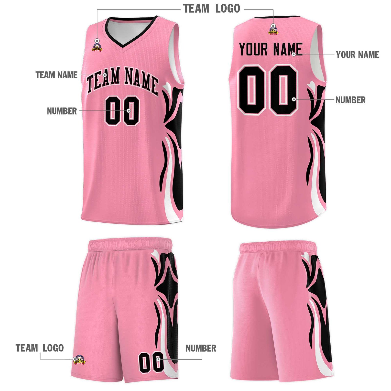 Custom Light Pink Black-White Graffiti Pattern Side Curve Pattern Sports Uniform Basketball Jersey Sets