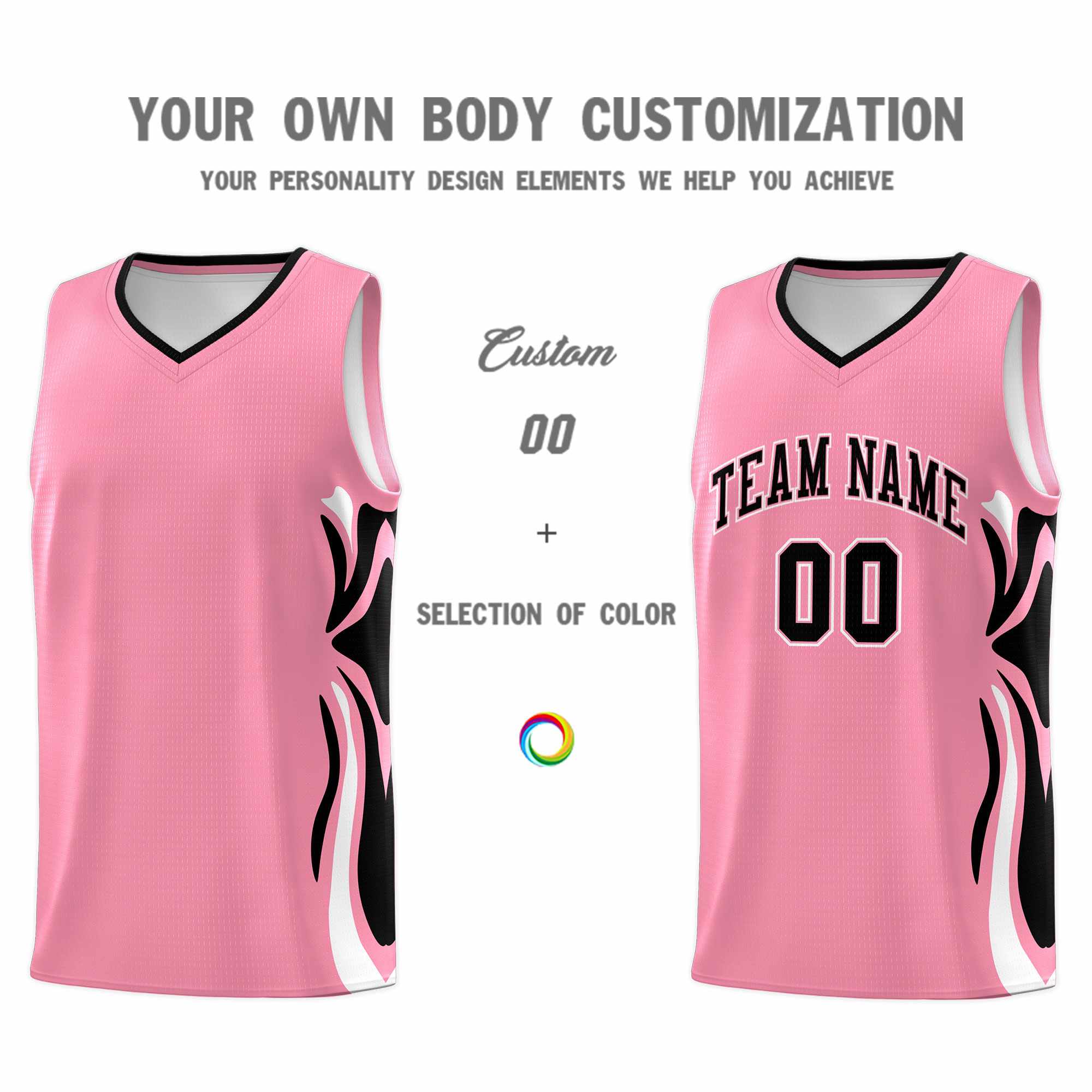 Custom Light Pink Black-White Graffiti Pattern Side Curve Pattern Sports Uniform Basketball Jersey Sets