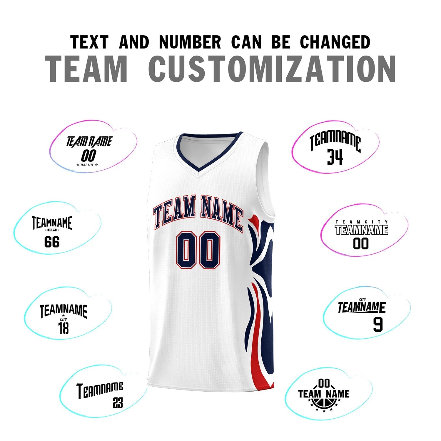 Custom White Navy-Red Graffiti Pattern Side Curve Pattern Sports Uniform Basketball Jersey Sets