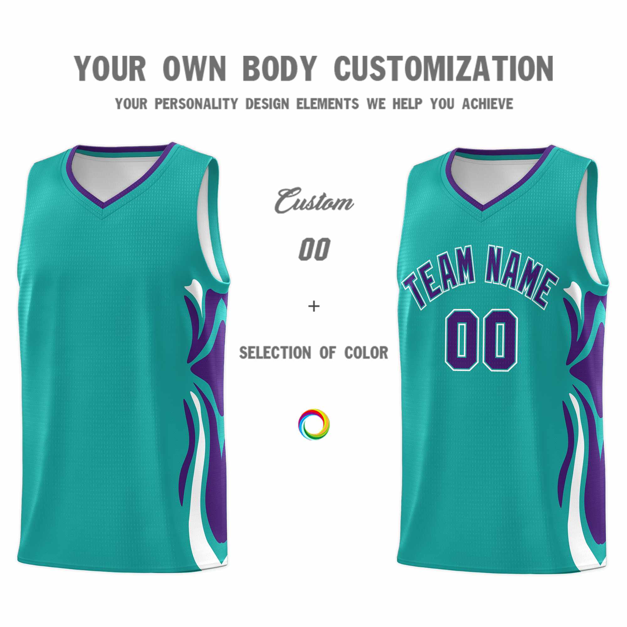 Custom Aqua Purple-White Graffiti Pattern Side Curve Pattern Sports Uniform Basketball Jersey Sets