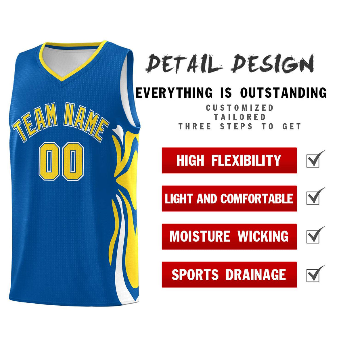 Custom Royal Gold-White Graffiti Pattern Side Curve Pattern Sports Uniform Basketball Jersey Sets