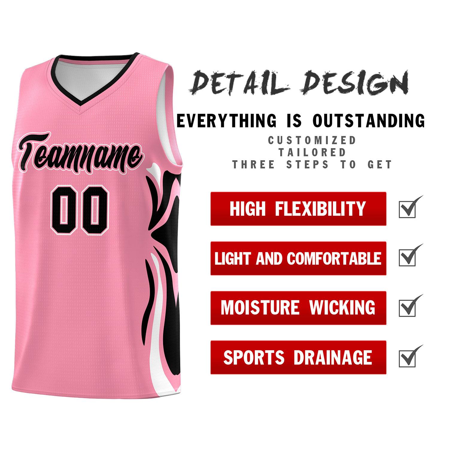 Custom Light Pink Black-White Graffiti Pattern Side Curve Pattern Sports Uniform Basketball Jersey Sets