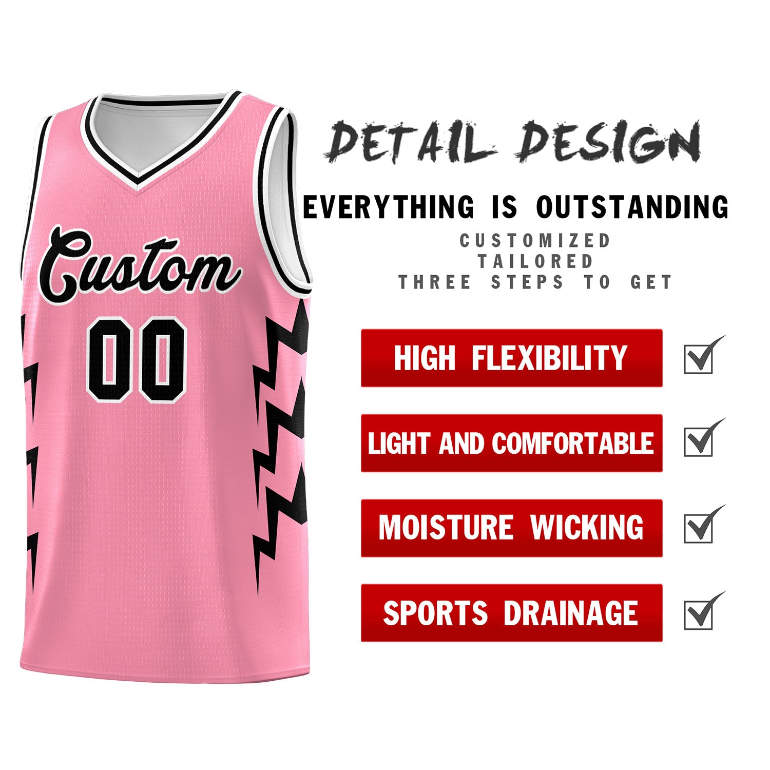 Custom Light Pink Side Lightning Pattern Sports Uniform Basketball Jersey