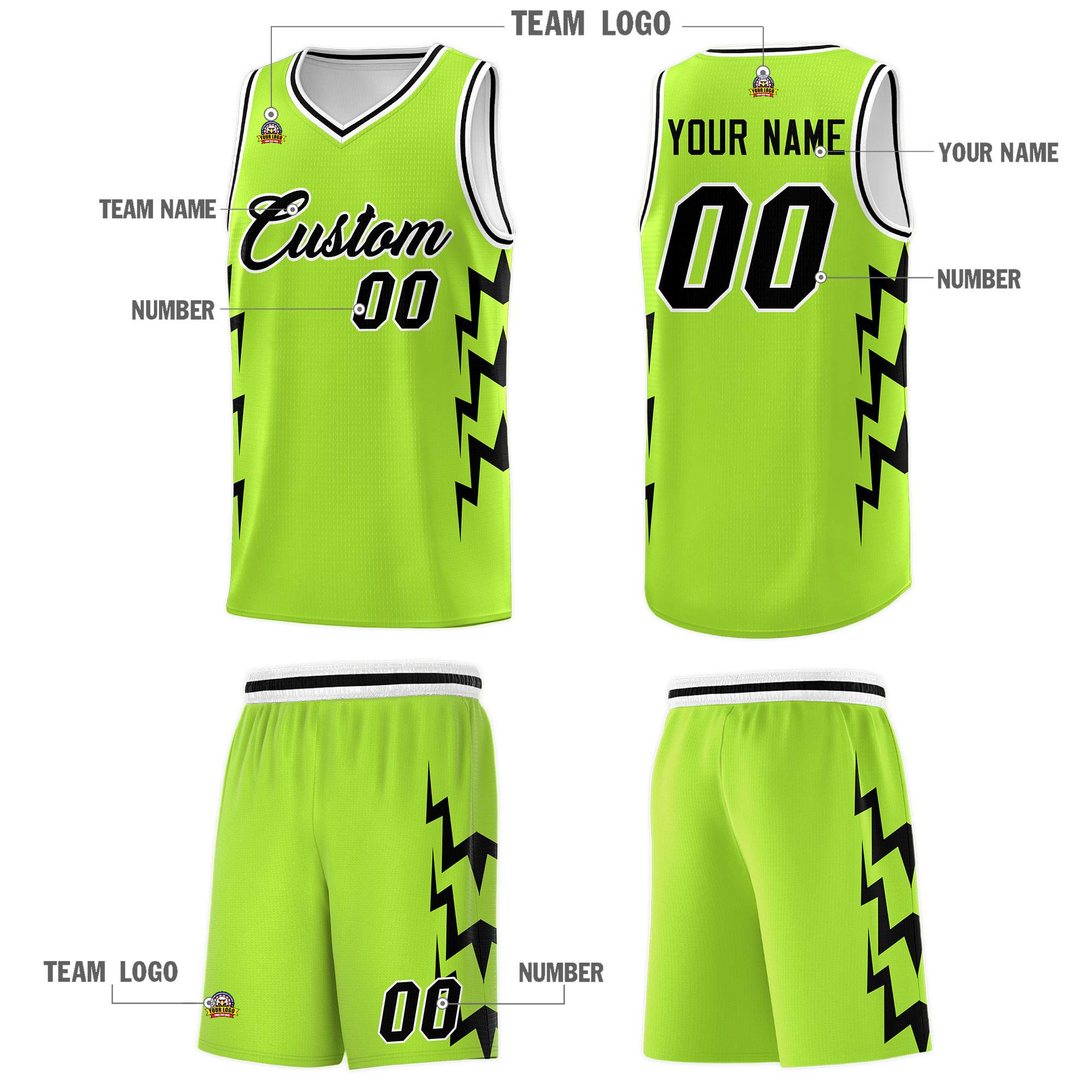 Custom Neon Green Side Lightning Pattern Sports Uniform Basketball Jersey