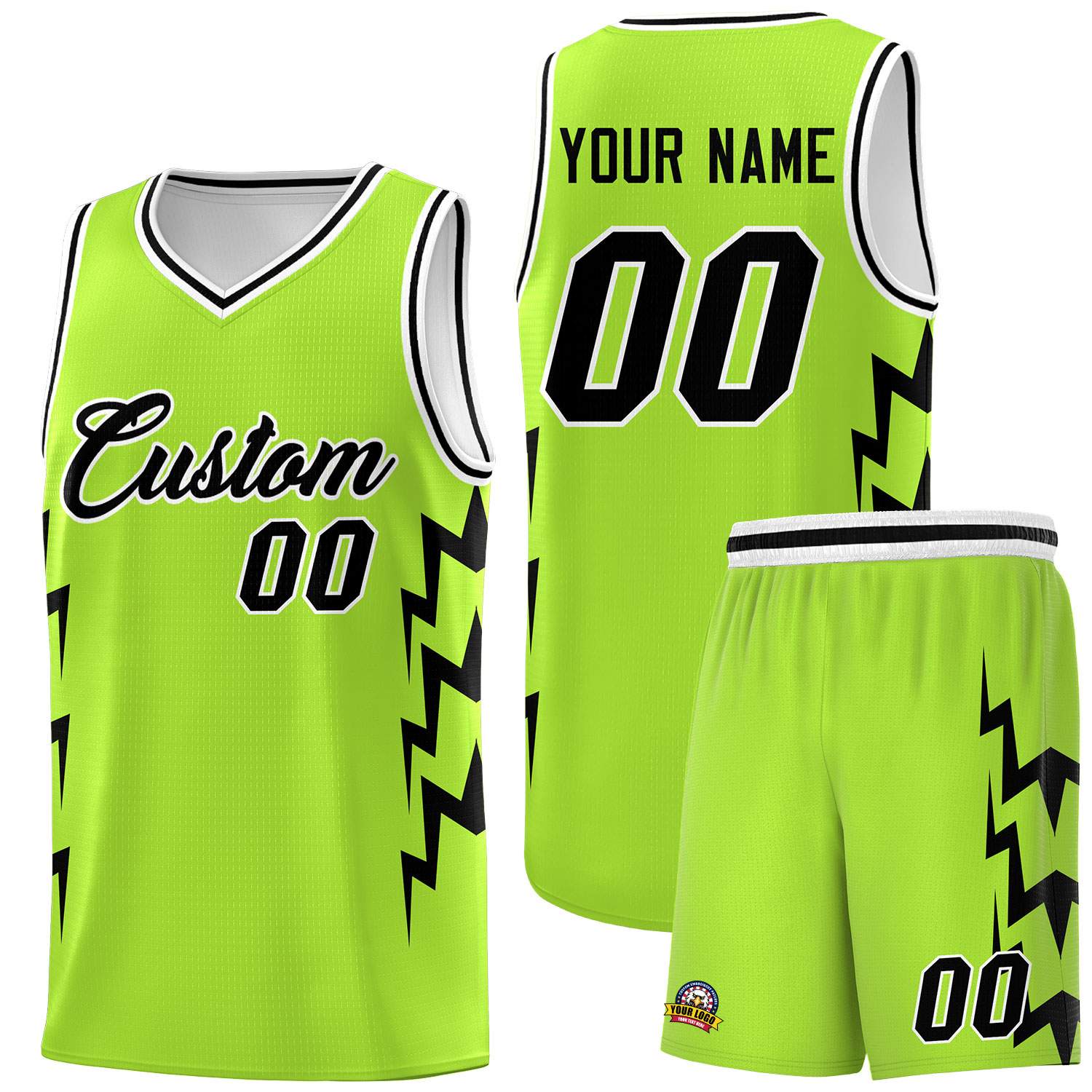 Custom Neon Green Side Lightning Pattern Sports Uniform Basketball Jersey
