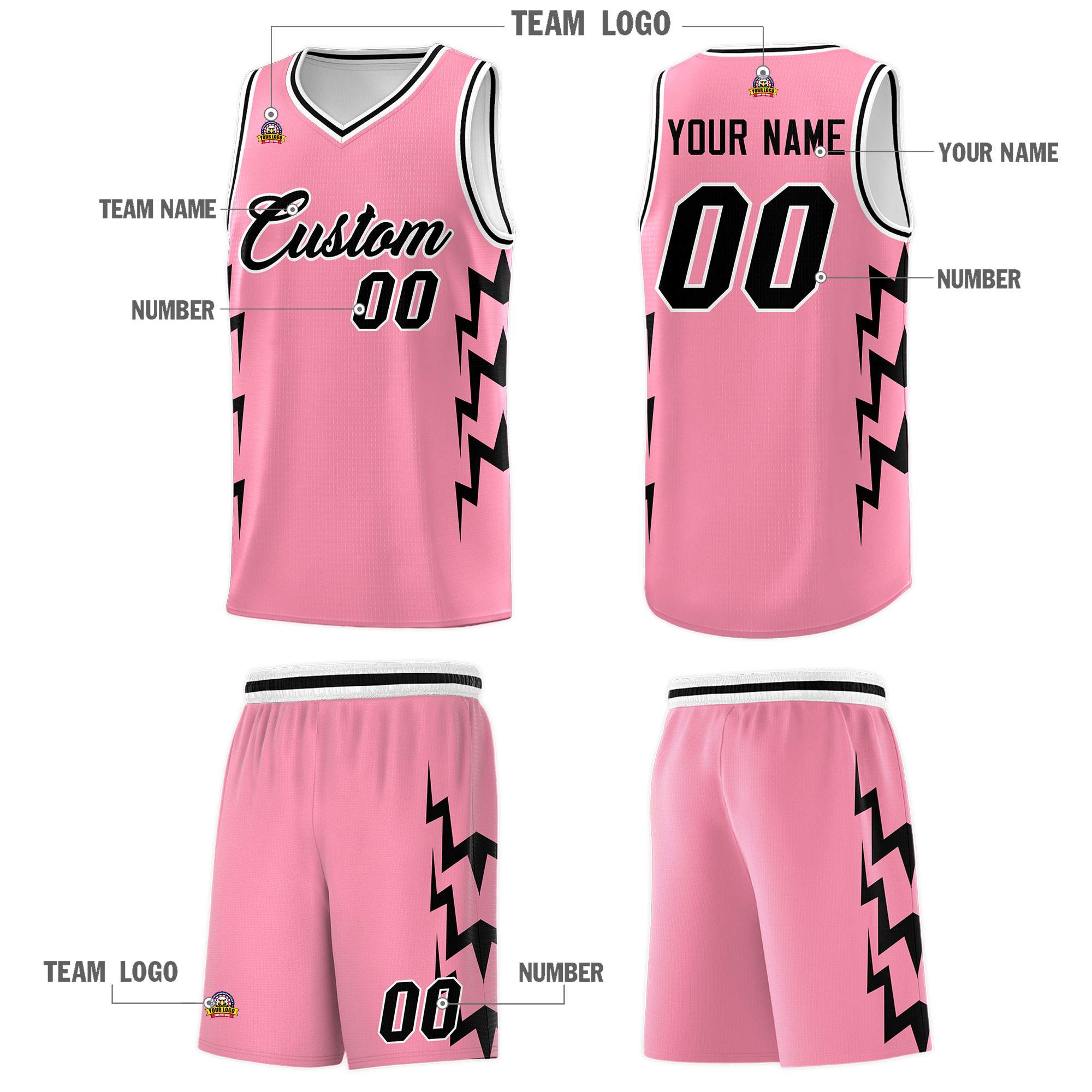 Custom Light Pink Side Lightning Pattern Sports Uniform Basketball Jersey