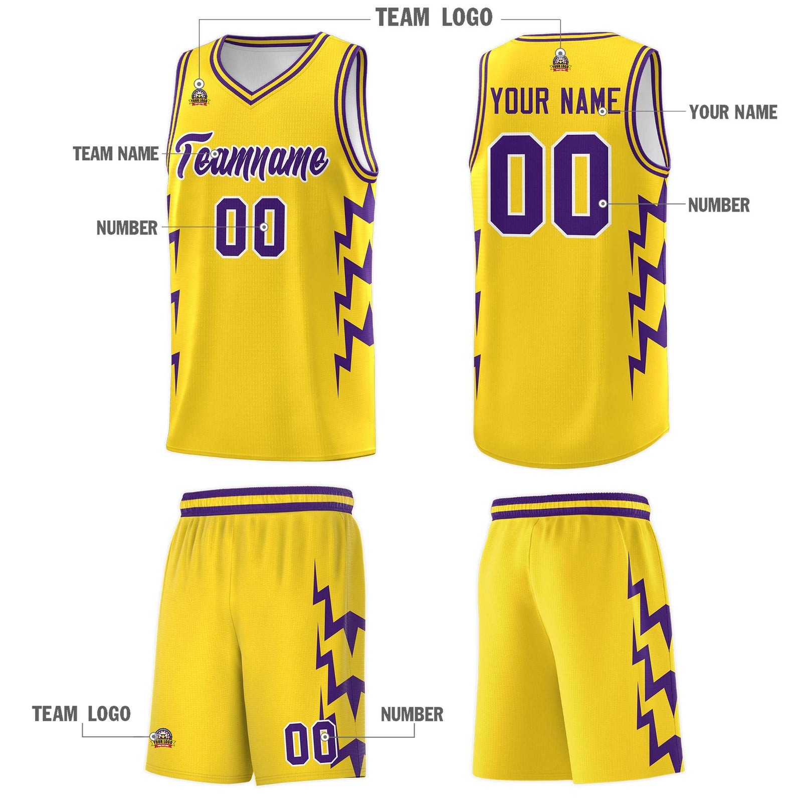 Custom Gold Side Lightning Pattern Sports Uniform Basketball Jersey