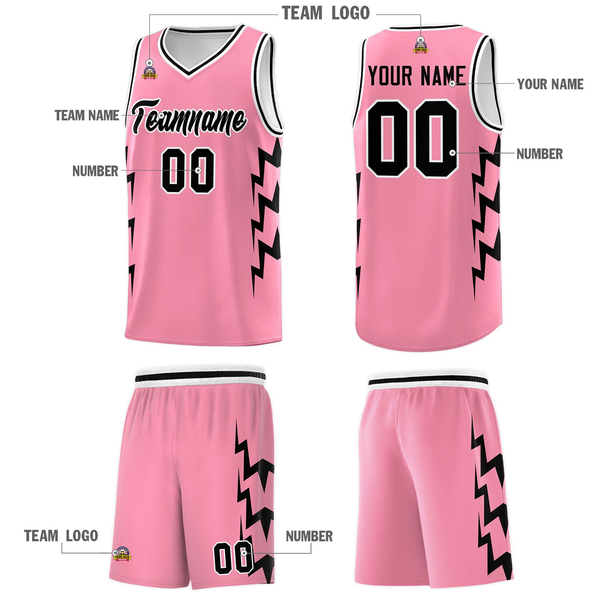 Custom Light Pink Side Lightning Pattern Sports Uniform Basketball Jersey