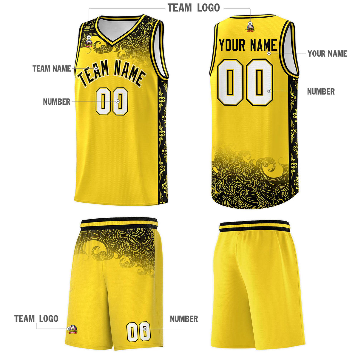 Custom Gold Personalized Cloud Pattern Sports Sets Uniform Basketball Jersey