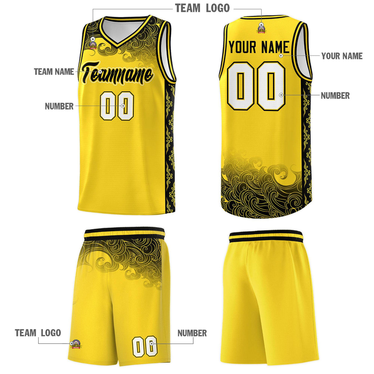 Custom Gold Personalized Cloud Pattern Sports Sets Uniform Basketball Jersey
