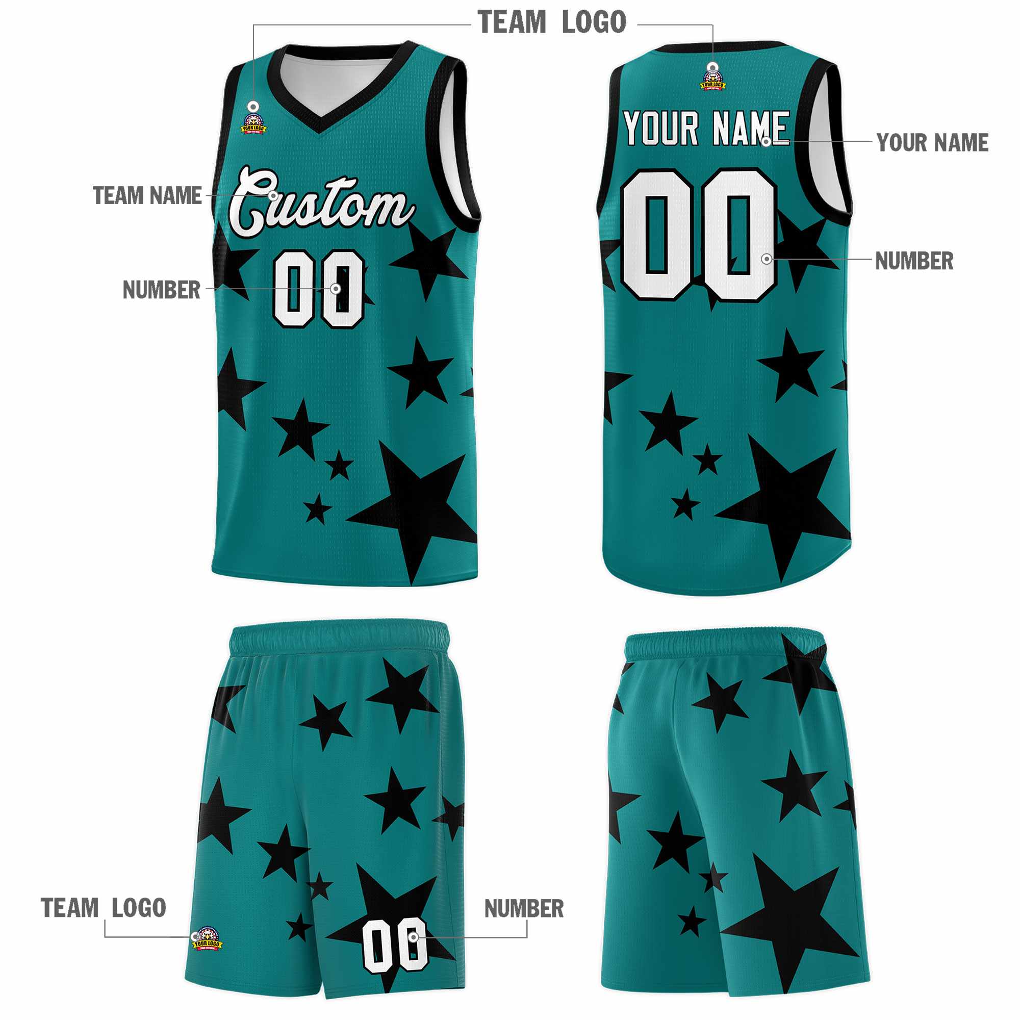 Custom Aqua Black Graffiti Pattern Star Print Basketball Jersey Sets