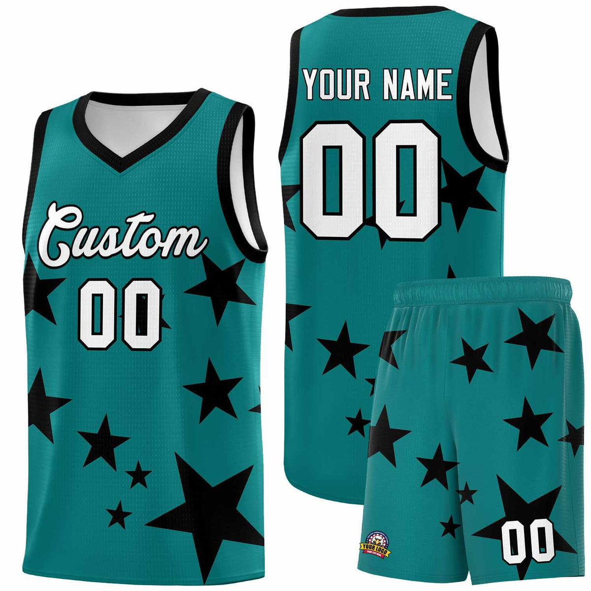 Custom Aqua Black Graffiti Pattern Star Print Basketball Jersey Sets