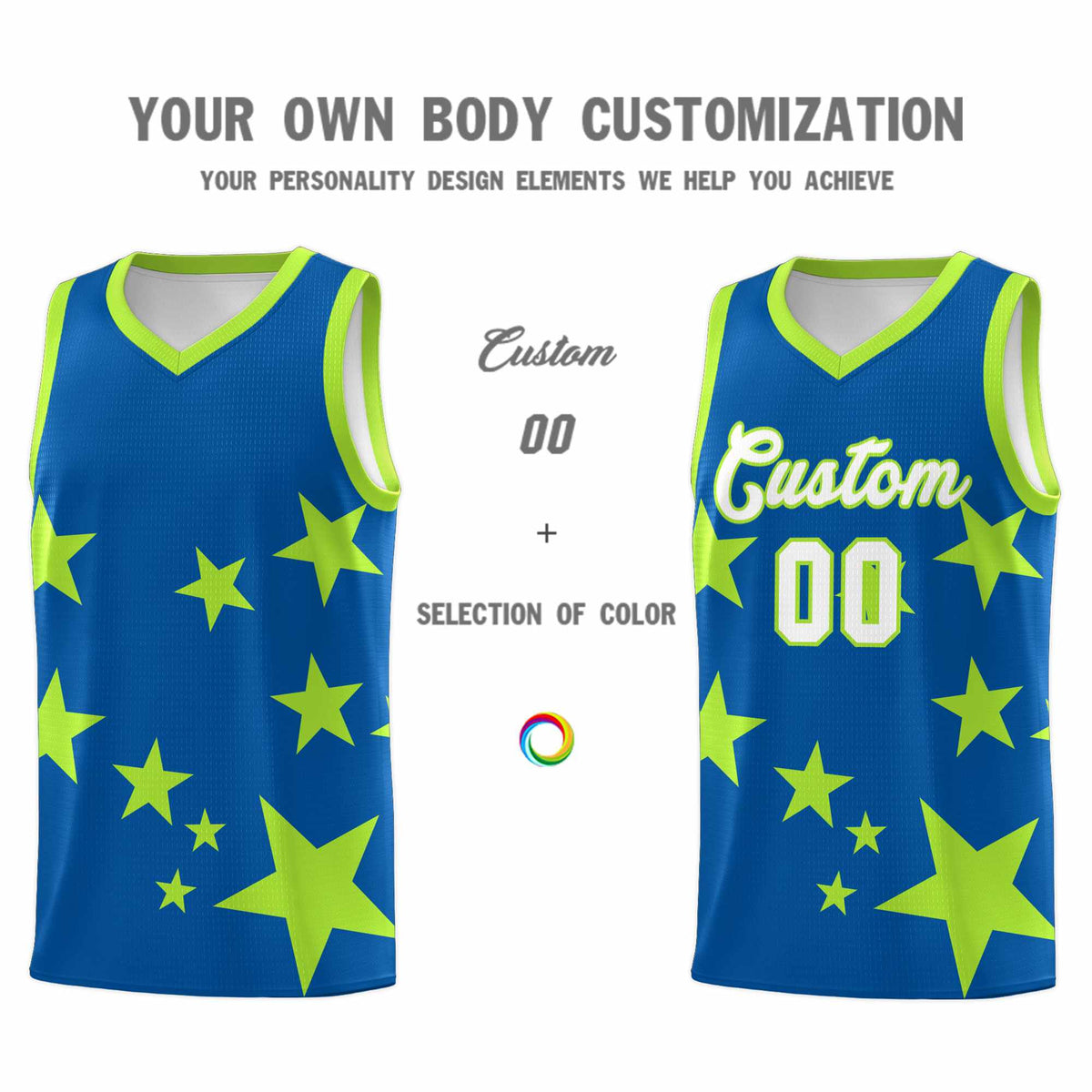 Custom Royal Light Green Graffiti Pattern Star Print Basketball Jersey Sets