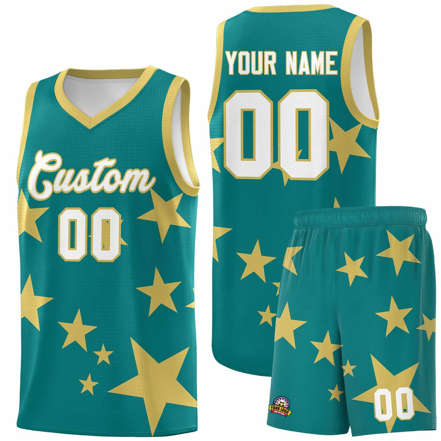 Custom Aqua Old Gold Graffiti Pattern Star Print Basketball Jersey Sets