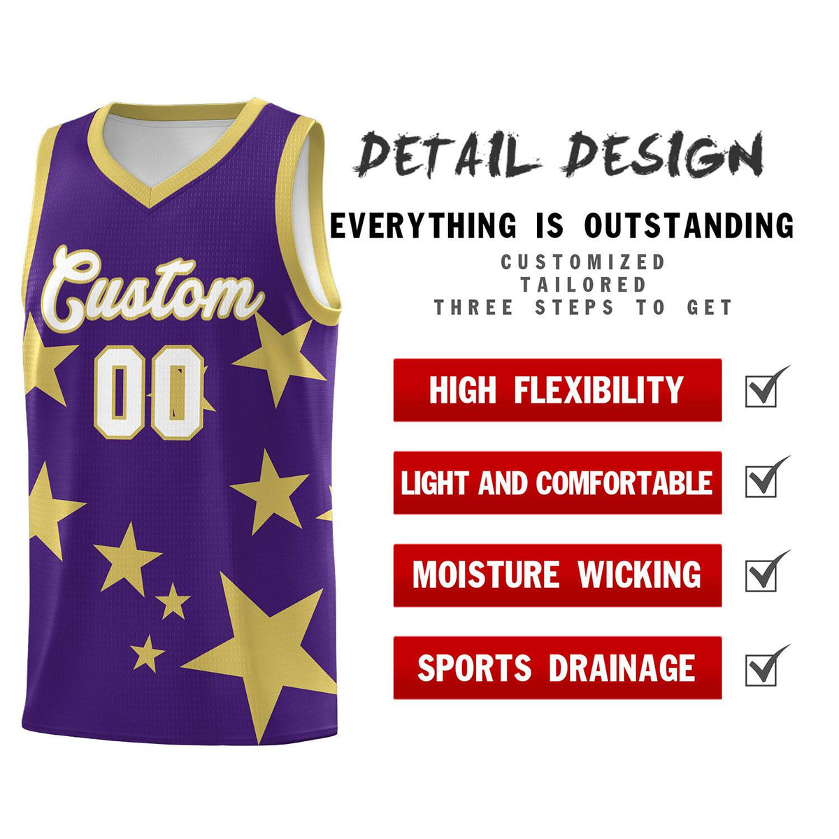 Custom Purple Old Gold Graffiti Pattern Star Print Basketball Jersey Sets