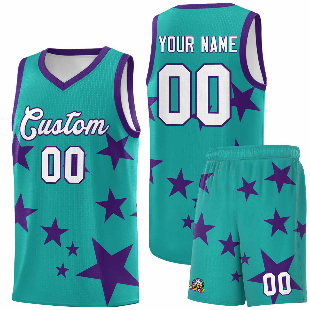 Custom Aqua Purple Graffiti Pattern Star Print Basketball Jersey Sets