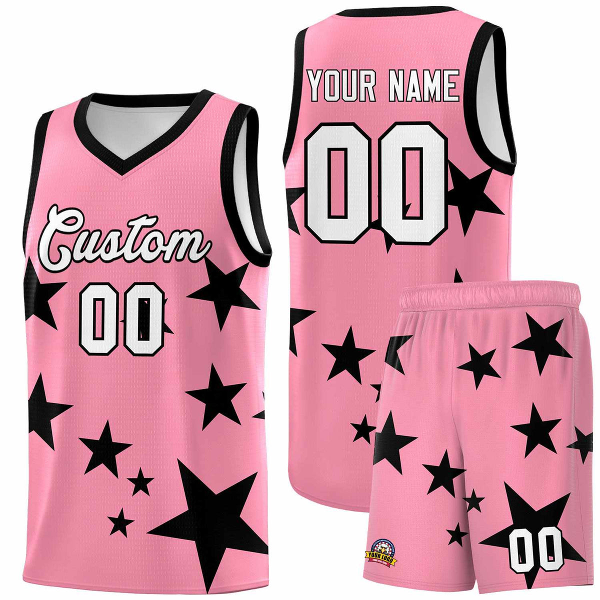 Custom Light Pink Black Graffiti Pattern Star Print Basketball Jersey Sets