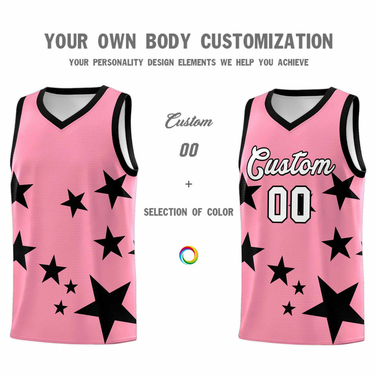 Custom Light Pink Black Graffiti Pattern Star Print Basketball Jersey Sets