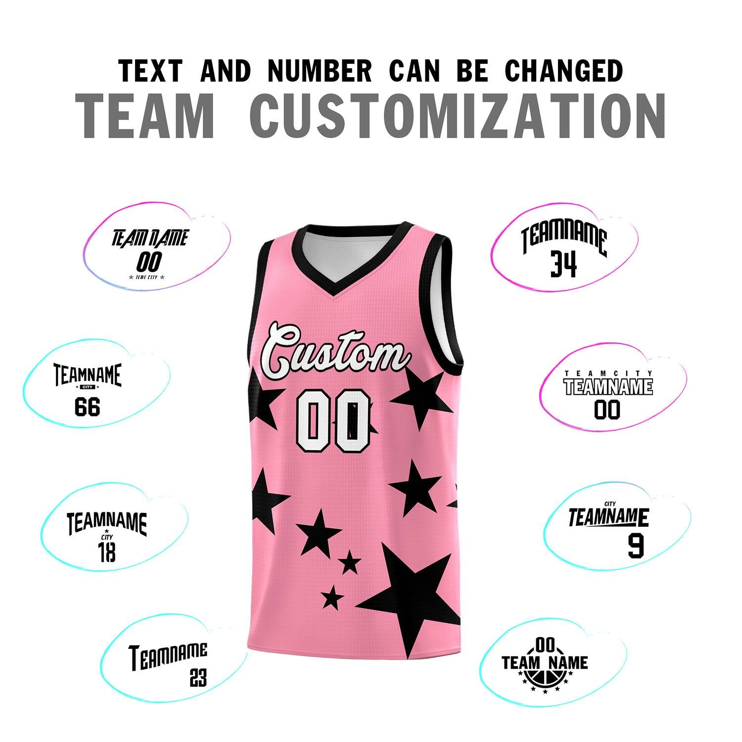 Custom Light Pink Black Graffiti Pattern Star Print Basketball Jersey Sets