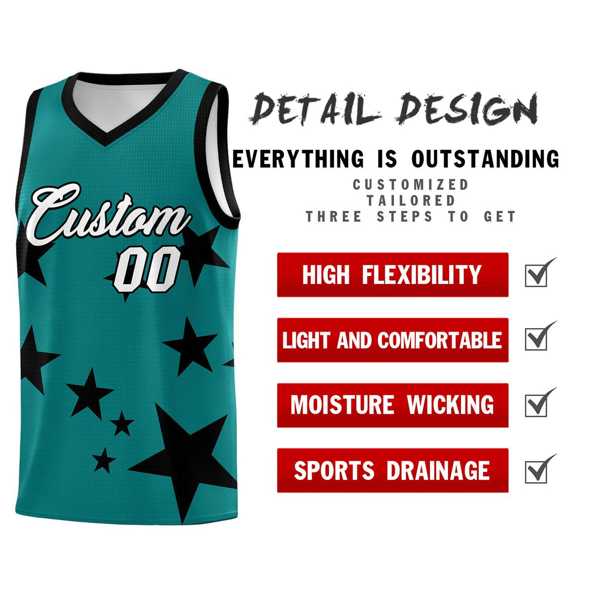 Custom Aqua Black Graffiti Pattern Star Print Basketball Jersey Sets