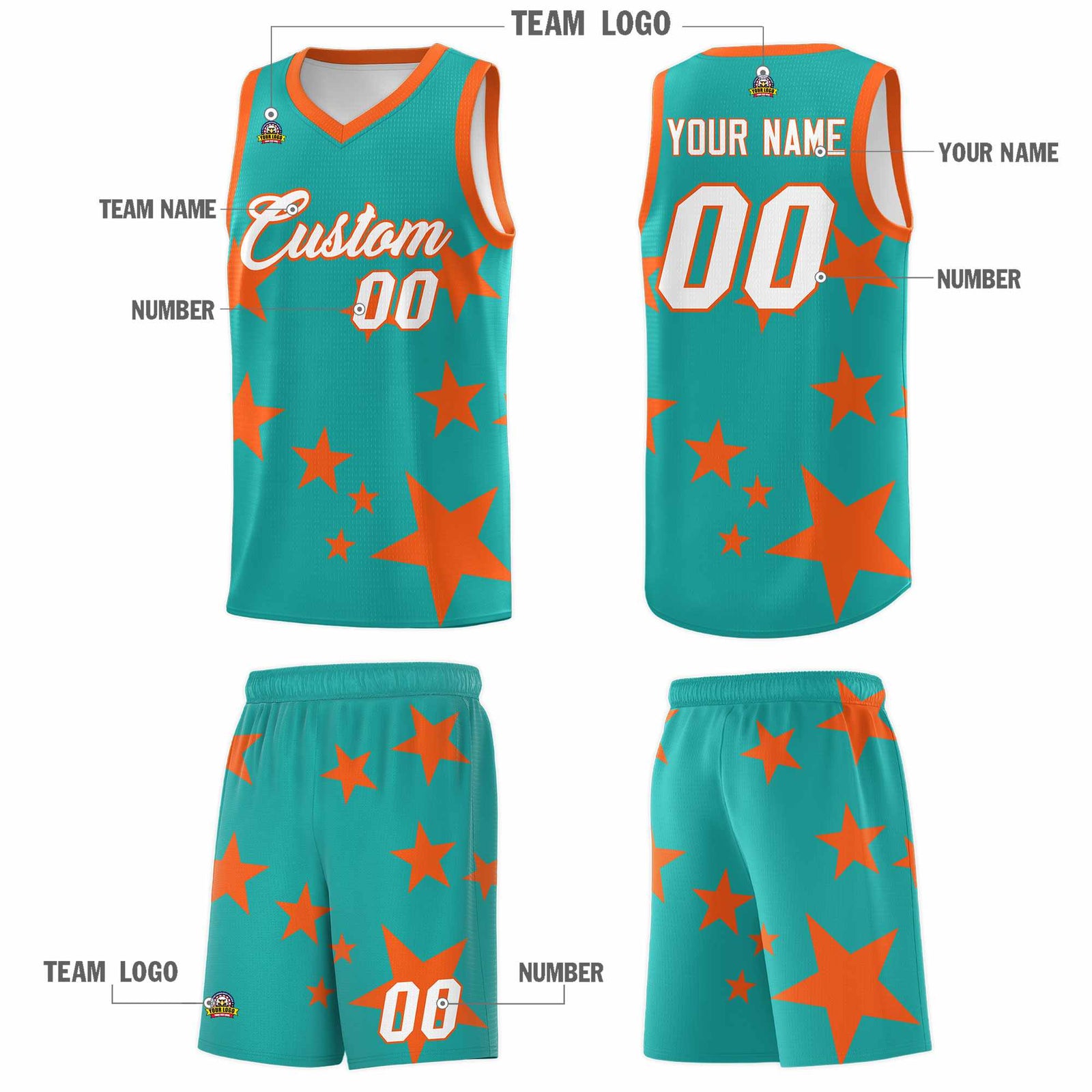 Custom Aqua Orange Graffiti Pattern Star Print Basketball Jersey Sets