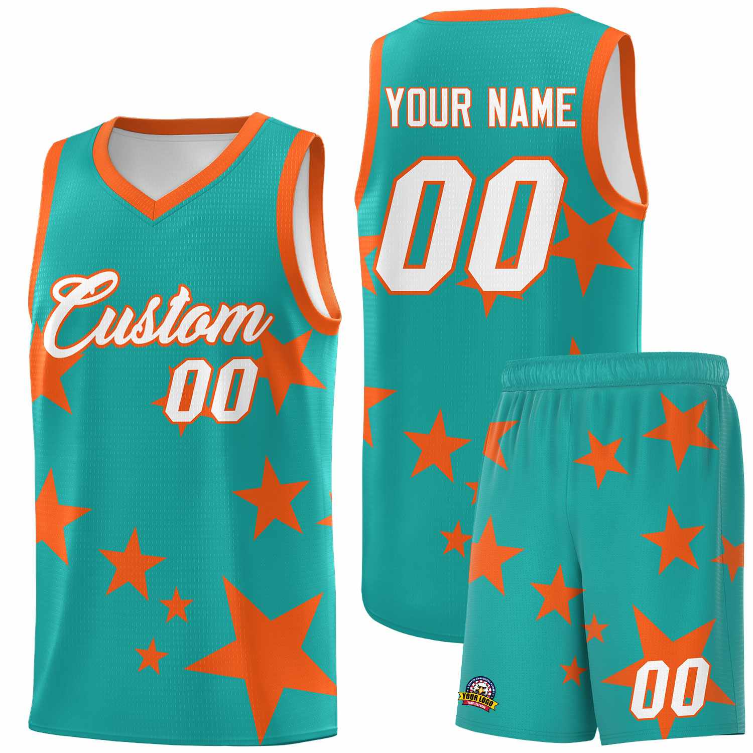 Custom Aqua Orange Graffiti Pattern Star Print Basketball Jersey Sets