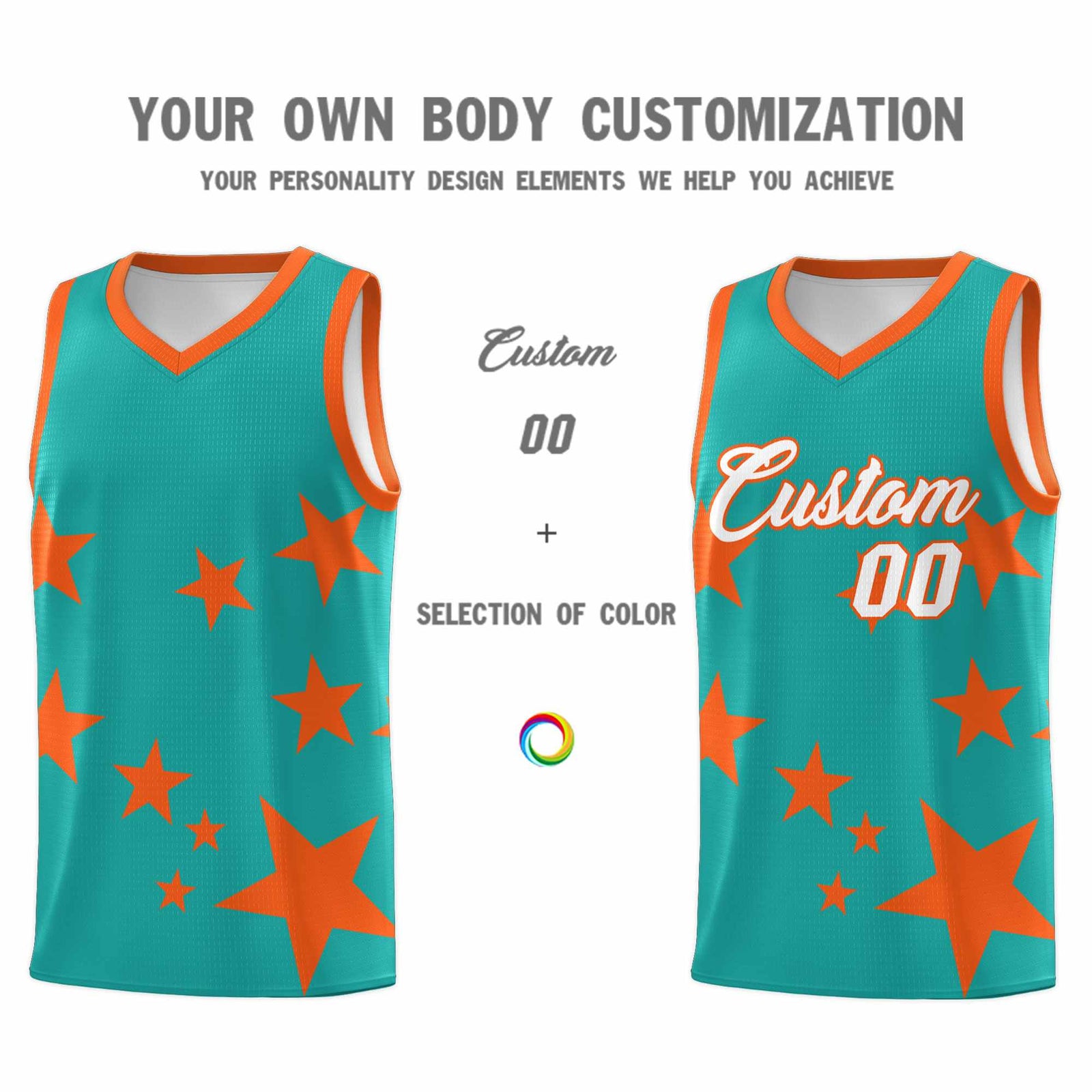 Custom Aqua Orange Graffiti Pattern Star Print Basketball Jersey Sets