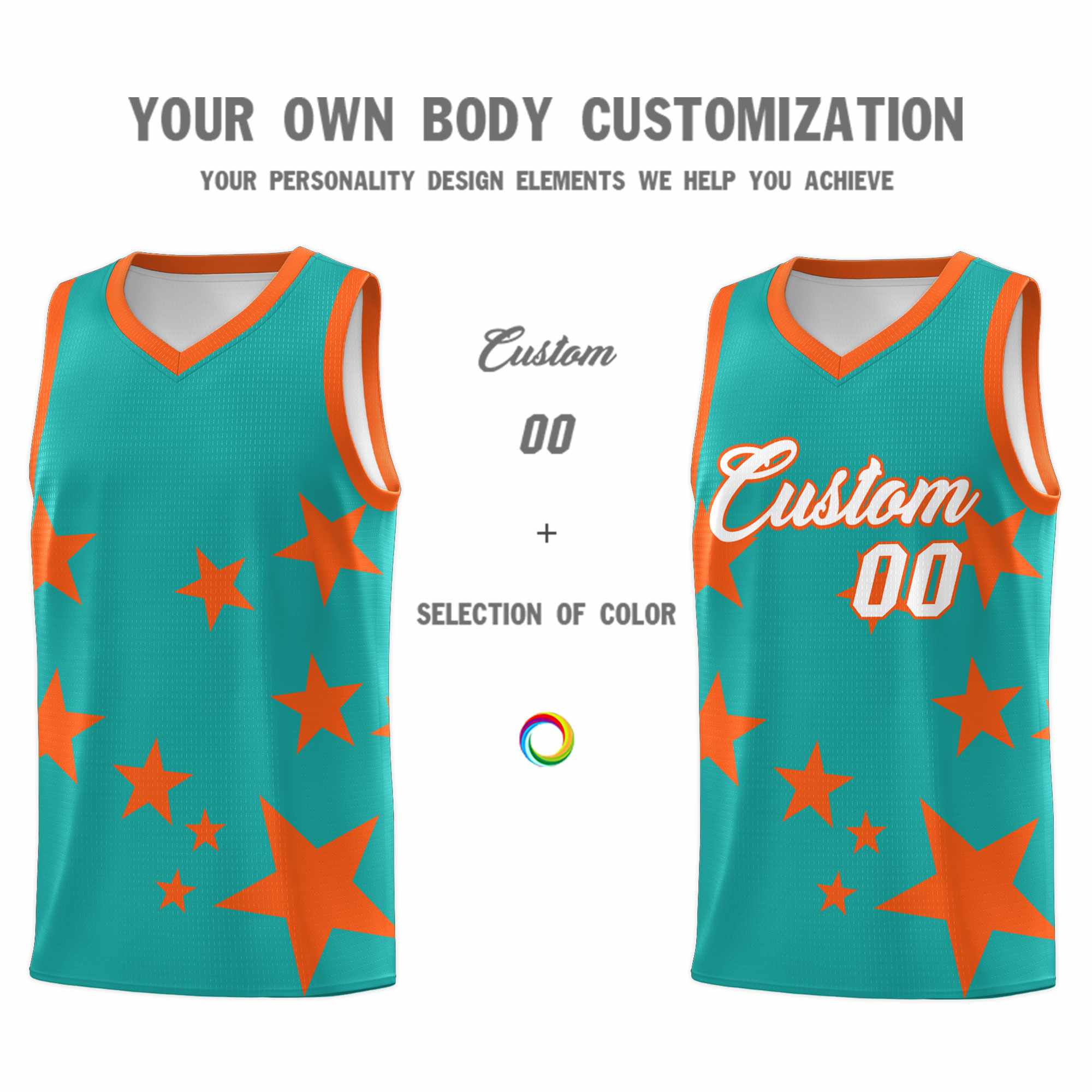 Custom Aqua Orange Graffiti Pattern Star Print Basketball Jersey Sets