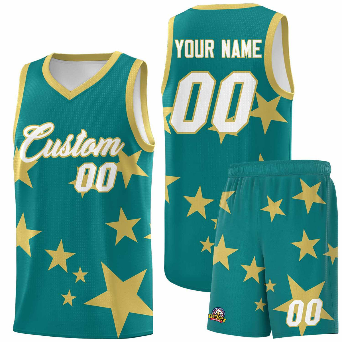 Custom Aqua Old Gold Graffiti Pattern Star Print Basketball Jersey Sets