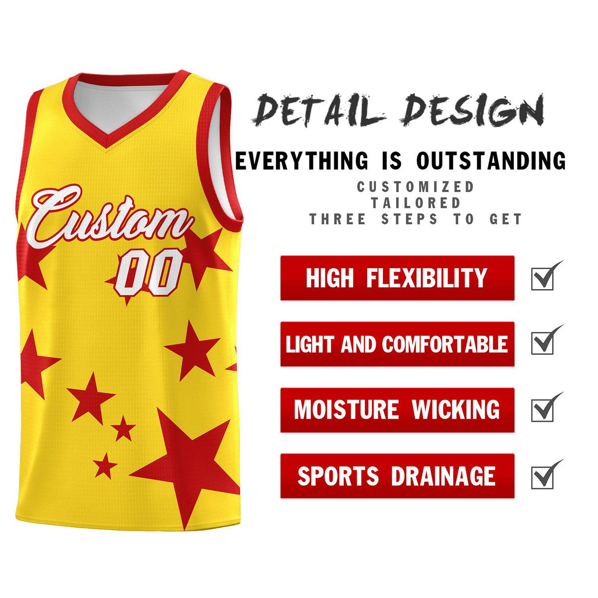Custom Gold Red Graffiti Pattern Star Print Basketball Jersey Sets