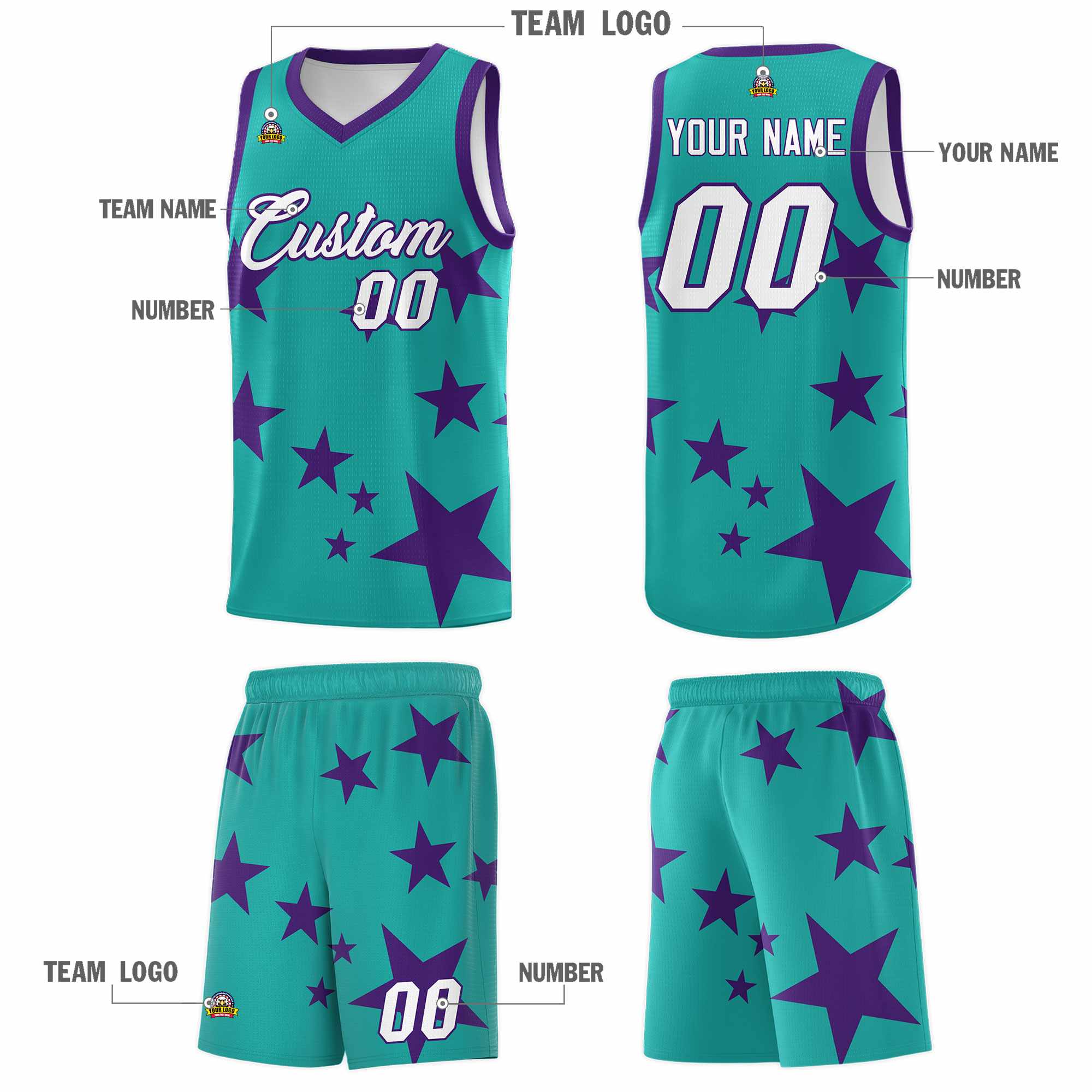 Custom Aqua Purple Graffiti Pattern Star Print Basketball Jersey Sets