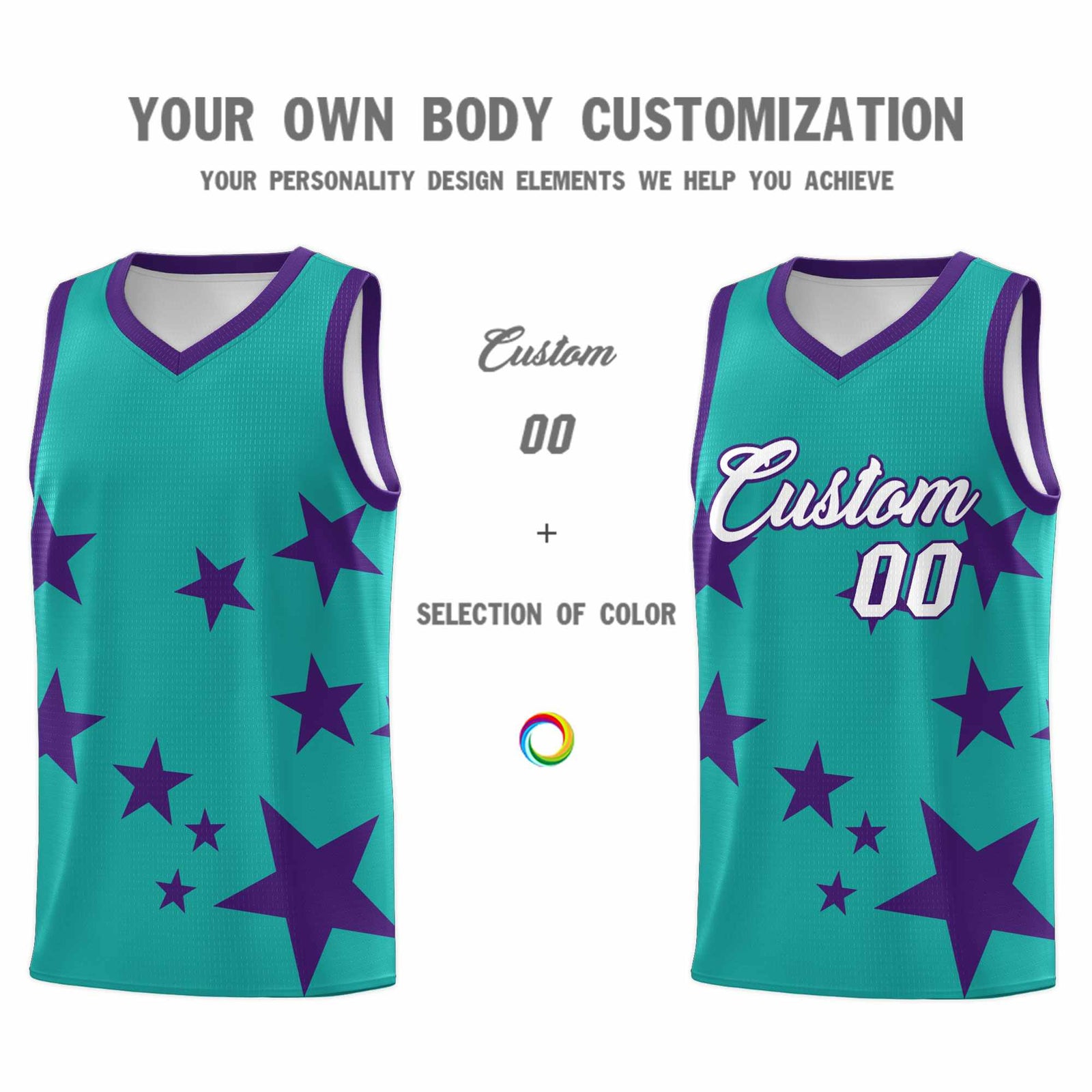 Custom Aqua Purple Graffiti Pattern Star Print Basketball Jersey Sets