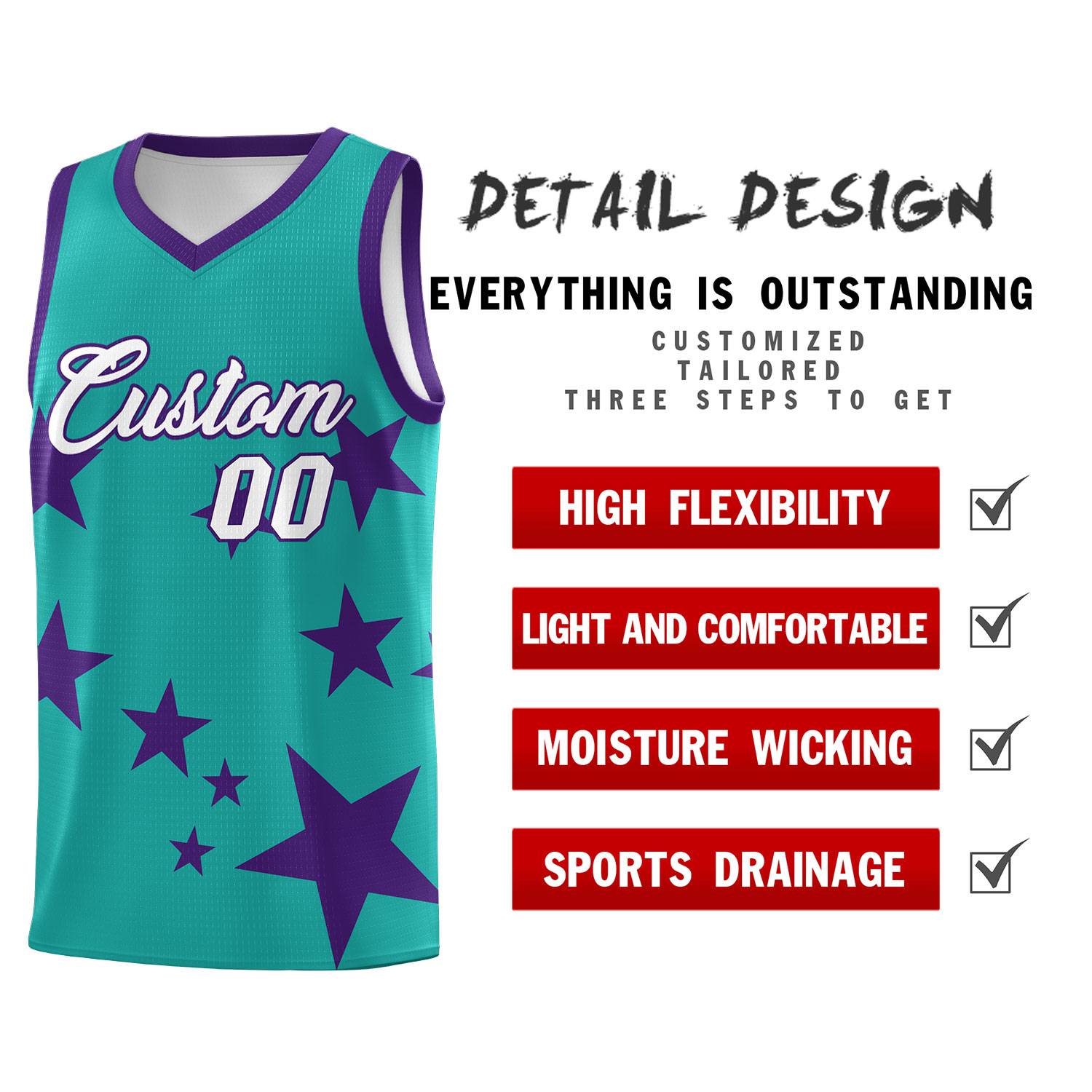 Custom Aqua Purple Graffiti Pattern Star Print Basketball Jersey Sets