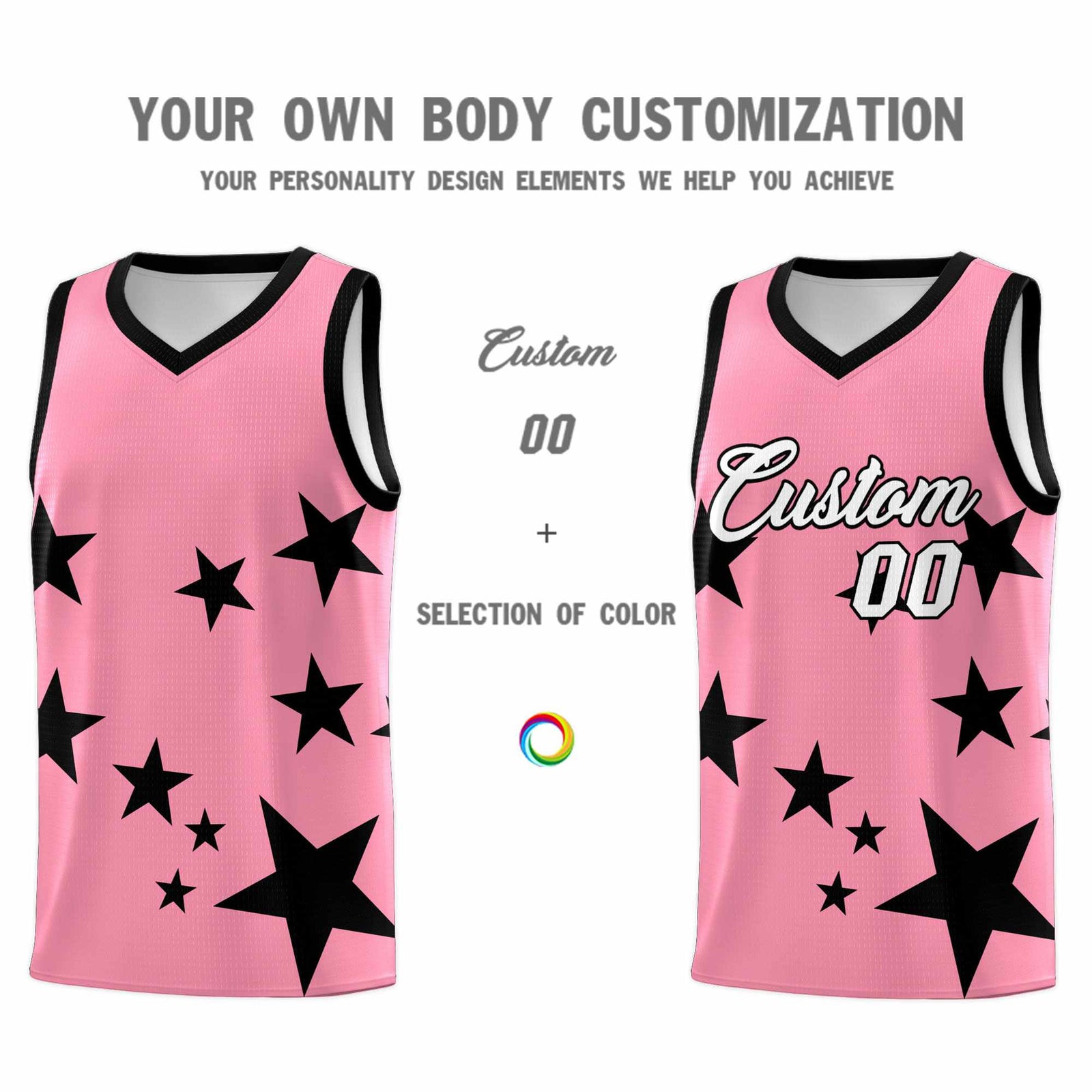 Custom Light Pink Black Graffiti Pattern Star Print Basketball Jersey Sets