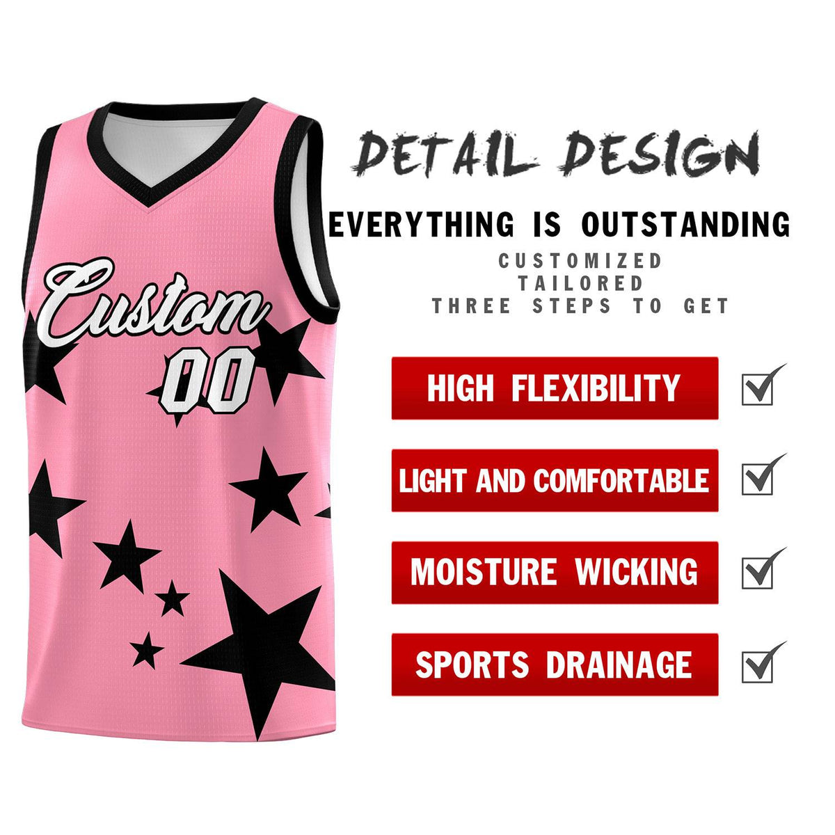 Custom Light Pink Black Graffiti Pattern Star Print Basketball Jersey Sets