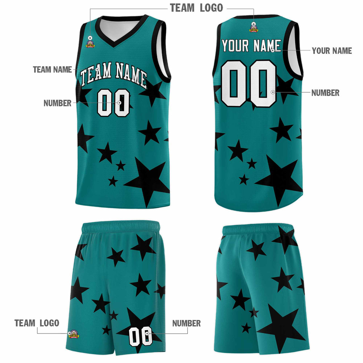 Custom Aqua Black Graffiti Pattern Star Print Basketball Jersey Sets