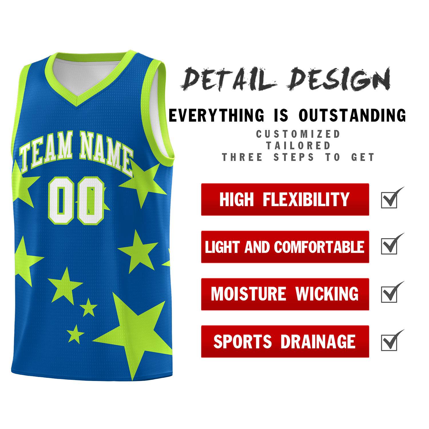 Custom Royal Light Green Graffiti Pattern Star Print Basketball Jersey Sets
