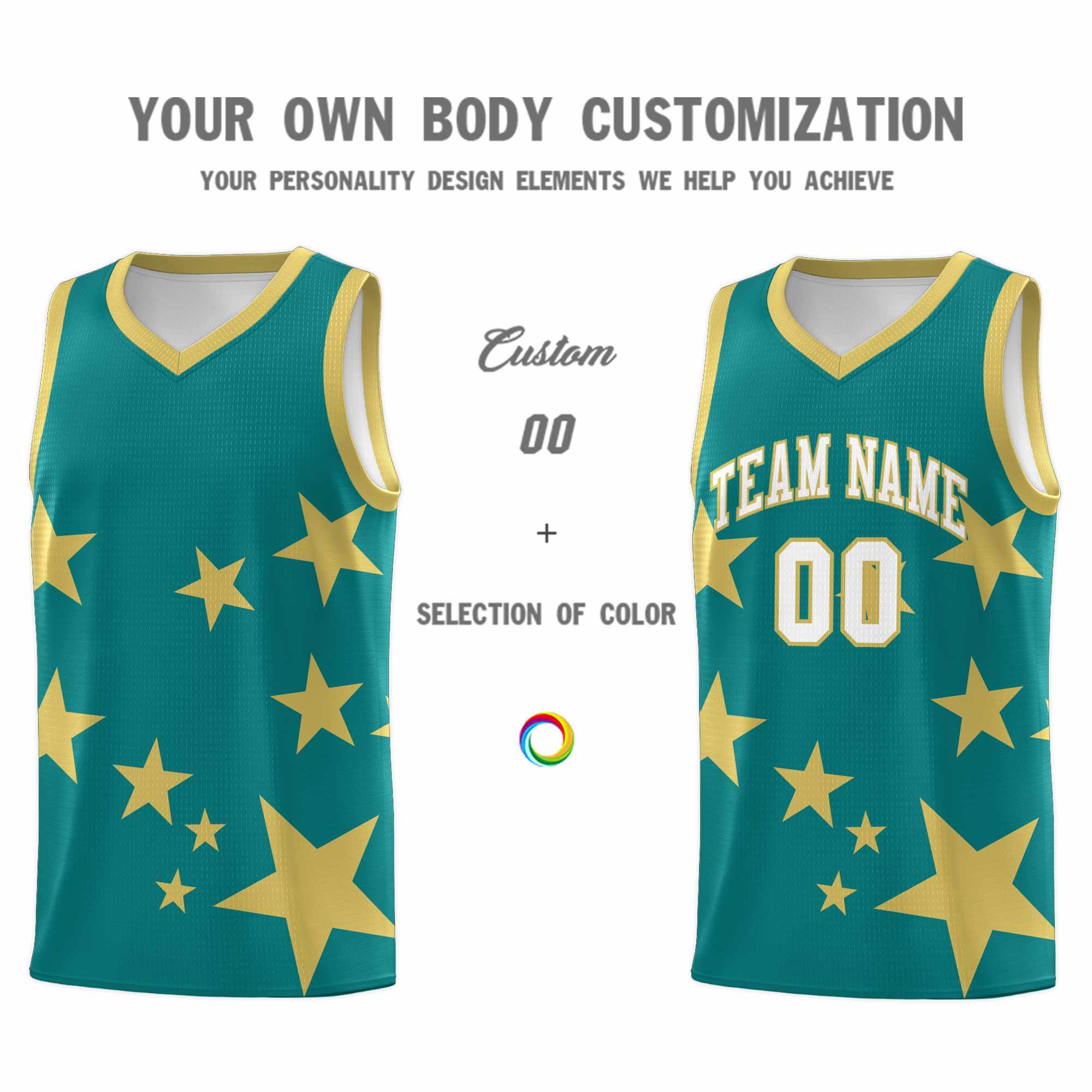 Custom Aqua Old Gold Graffiti Pattern Star Print Basketball Jersey Sets