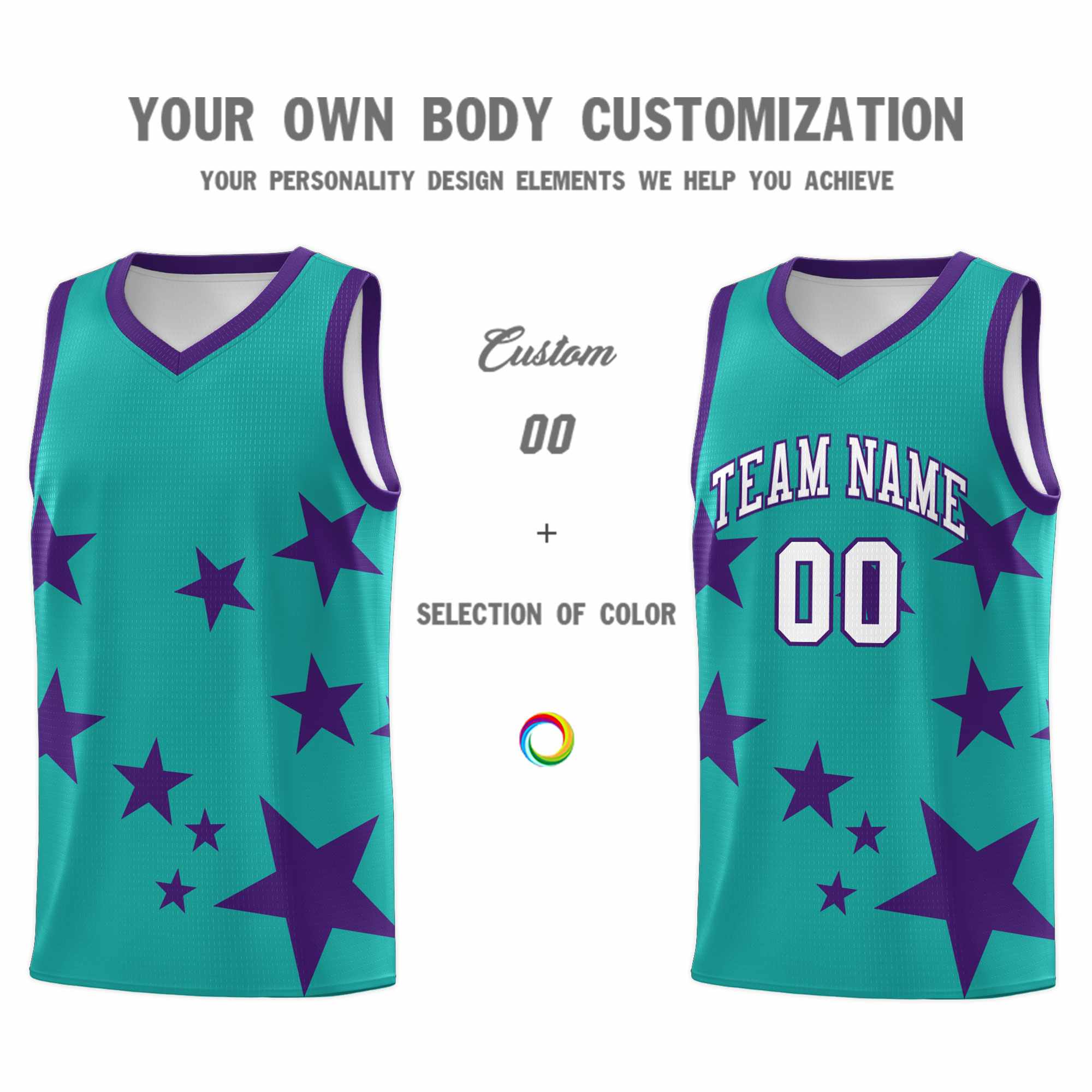 Custom Aqua Purple Graffiti Pattern Star Print Basketball Jersey Sets