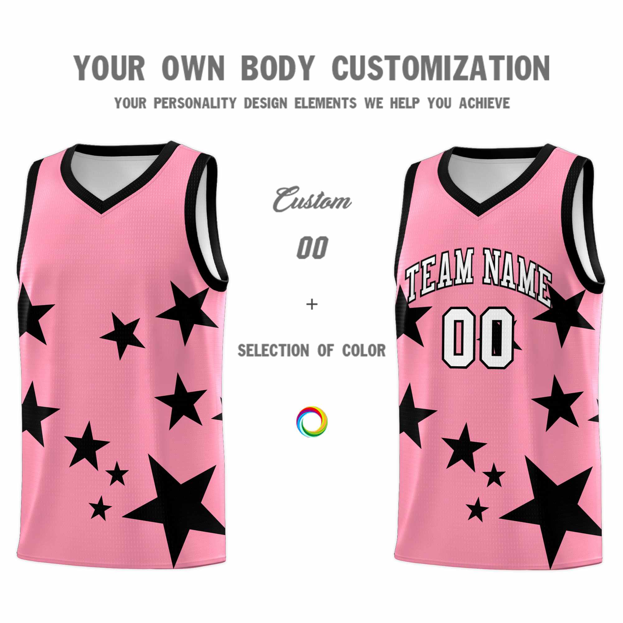 Custom Light Pink Black Graffiti Pattern Star Print Basketball Jersey Sets
