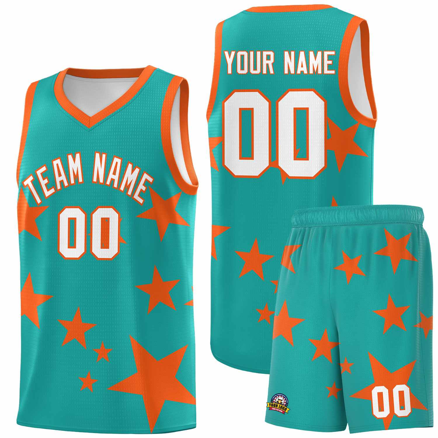 Custom Aqua Orange Graffiti Pattern Star Print Basketball Jersey Sets