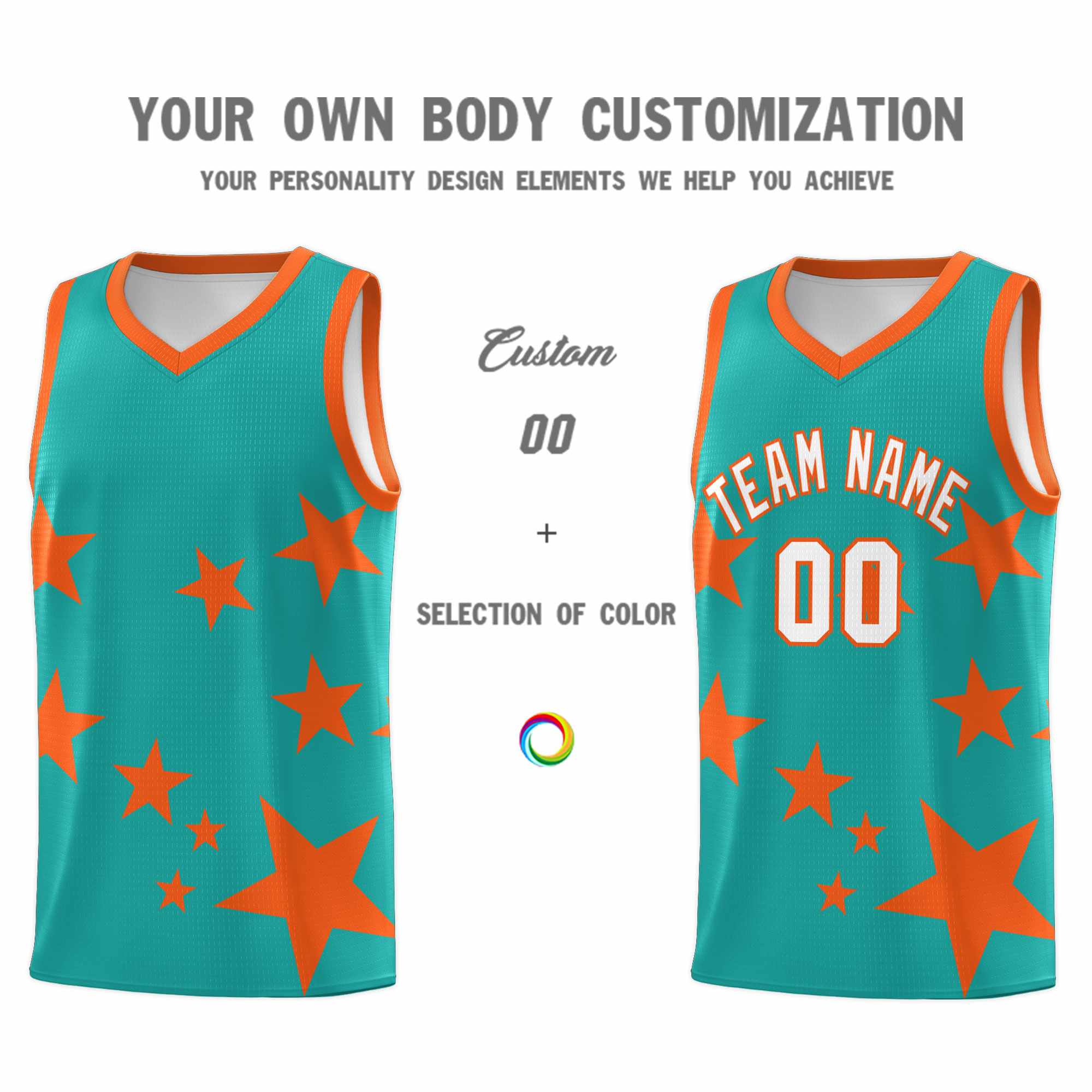 Custom Aqua Orange Graffiti Pattern Star Print Basketball Jersey Sets