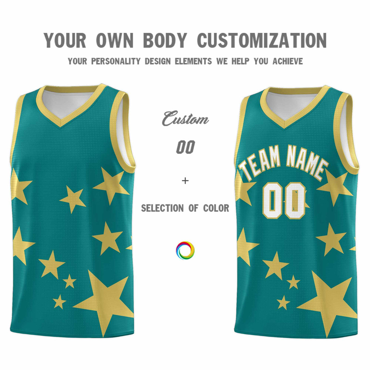 Custom Aqua Old Gold Graffiti Pattern Star Print Basketball Jersey Sets