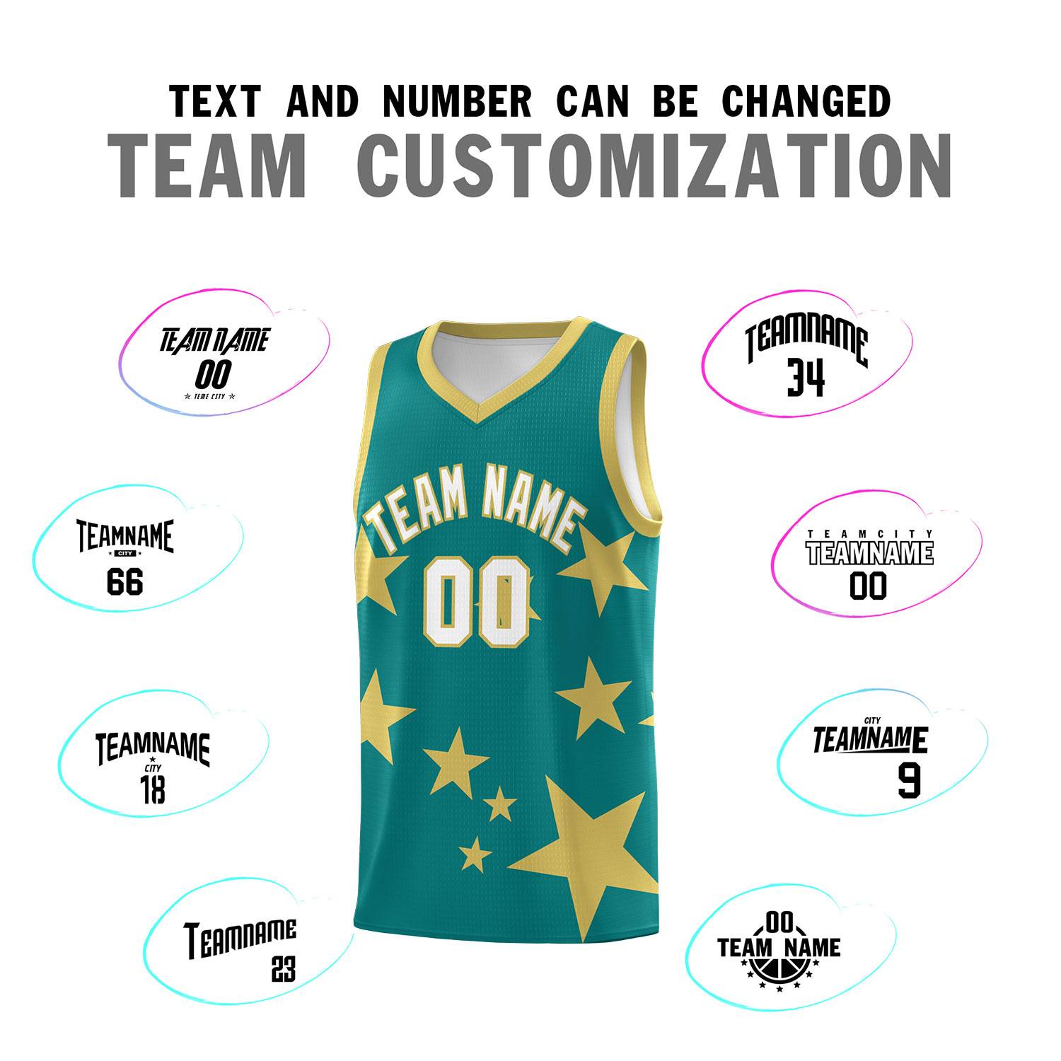 Custom Aqua Old Gold Graffiti Pattern Star Print Basketball Jersey Sets
