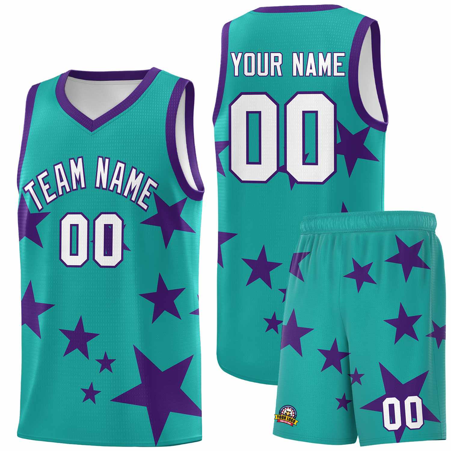 Custom Aqua Purple Graffiti Pattern Star Print Basketball Jersey Sets