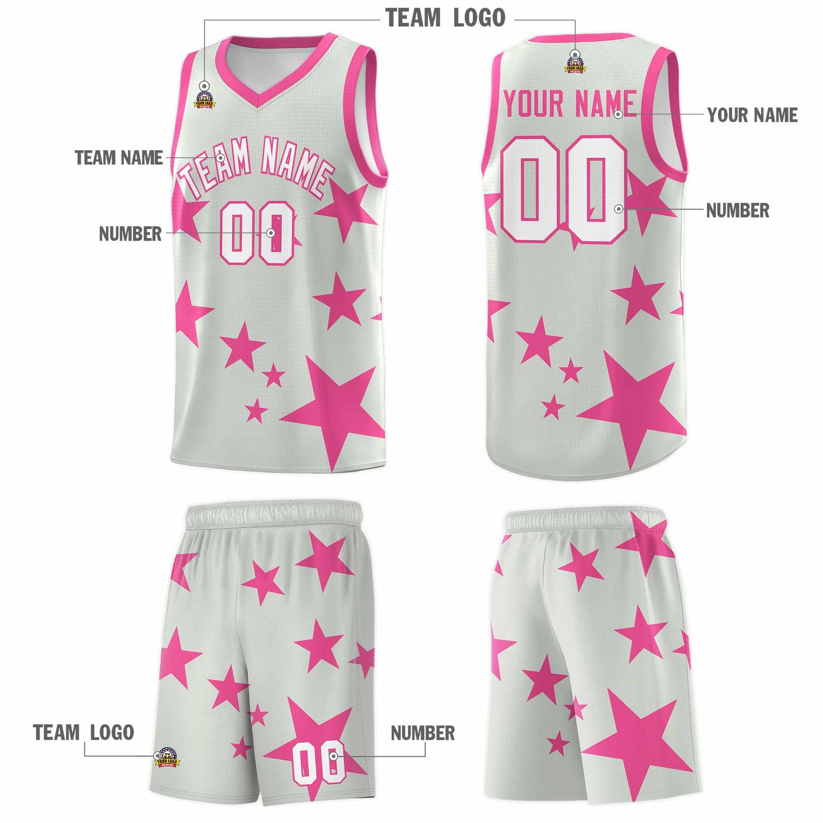 Custom Gray Pink Graffiti Pattern Star Print Basketball Jersey Sets