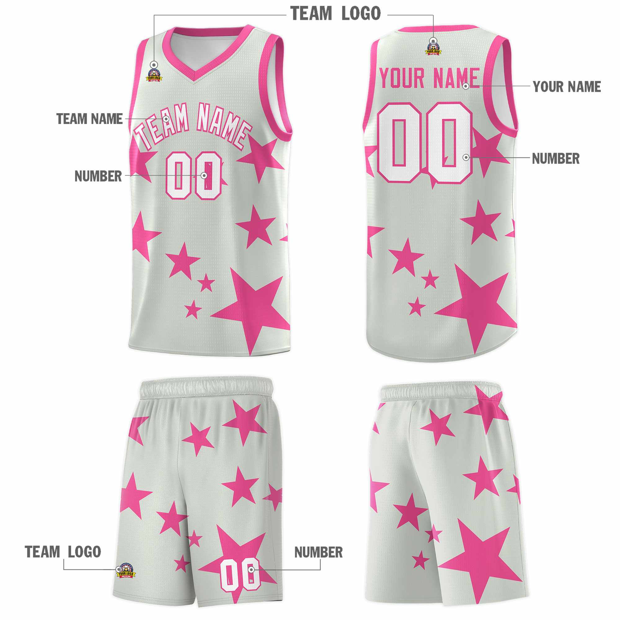 Custom Gray Pink Graffiti Pattern Star Print Basketball Jersey Sets